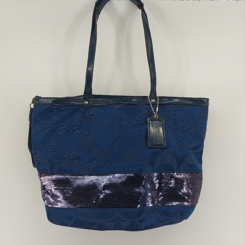 Coach F17574 Signature Tote Handbag Satin With Sequins Medium Blue